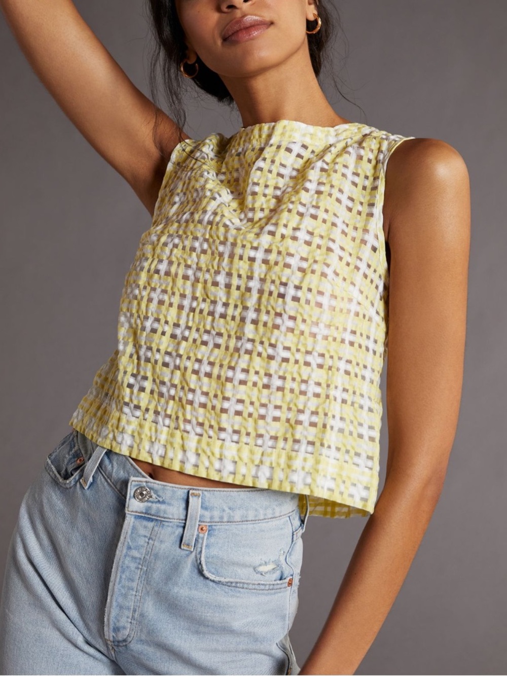 Anthropologie Yellow and White Plaid Sleeveless Tie-Back Top